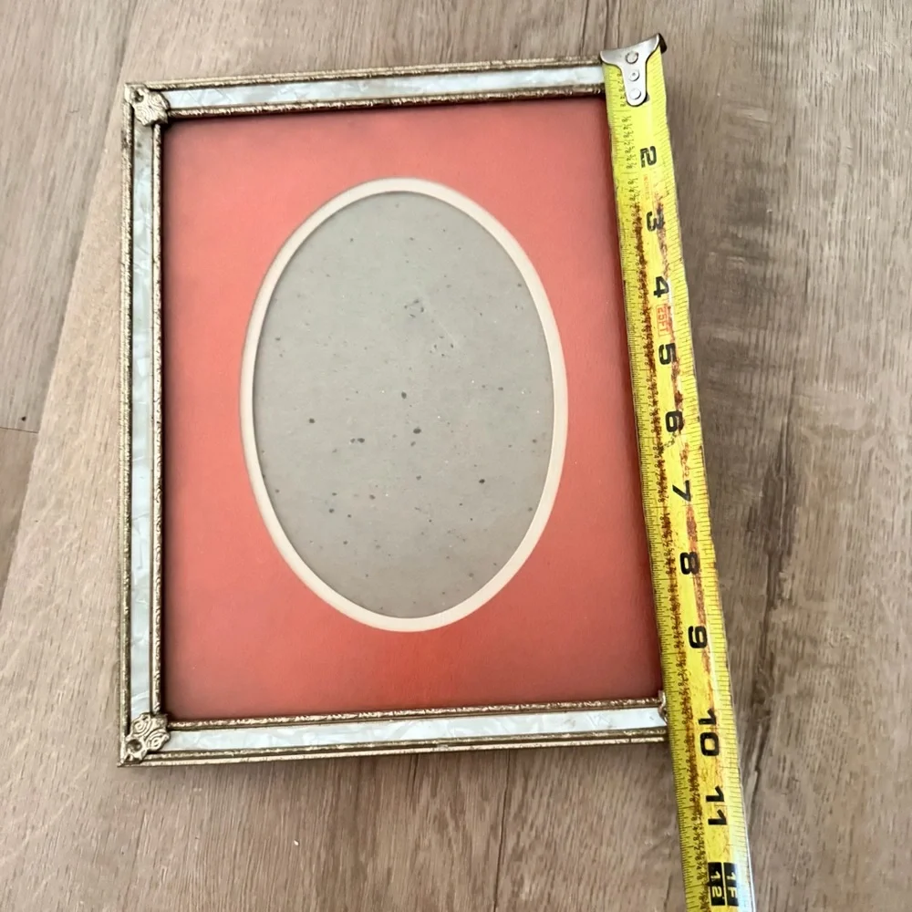 VTG Art Deco Metal Gold Tone, Mother Of Pearl & Orange Photo Picture Frame 8x10”